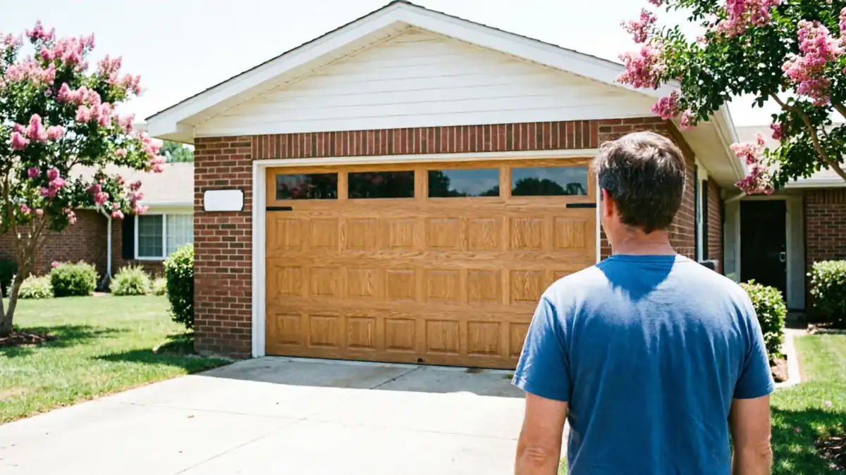 A man in a blue shirt stands in a driveway facing a wooden garage door.