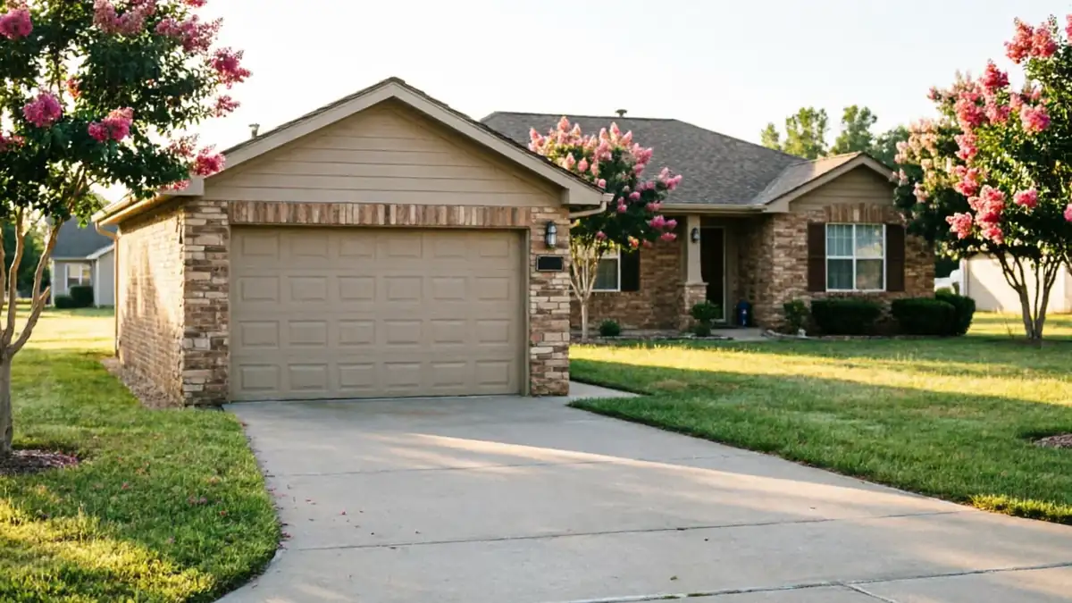 A house with a tan garage door and brick facade.