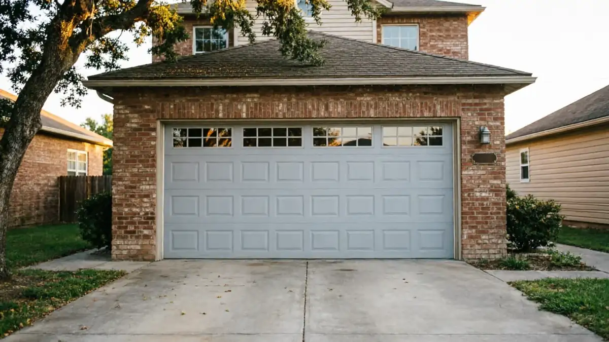 A light gray garage door with windows is on a brick house.