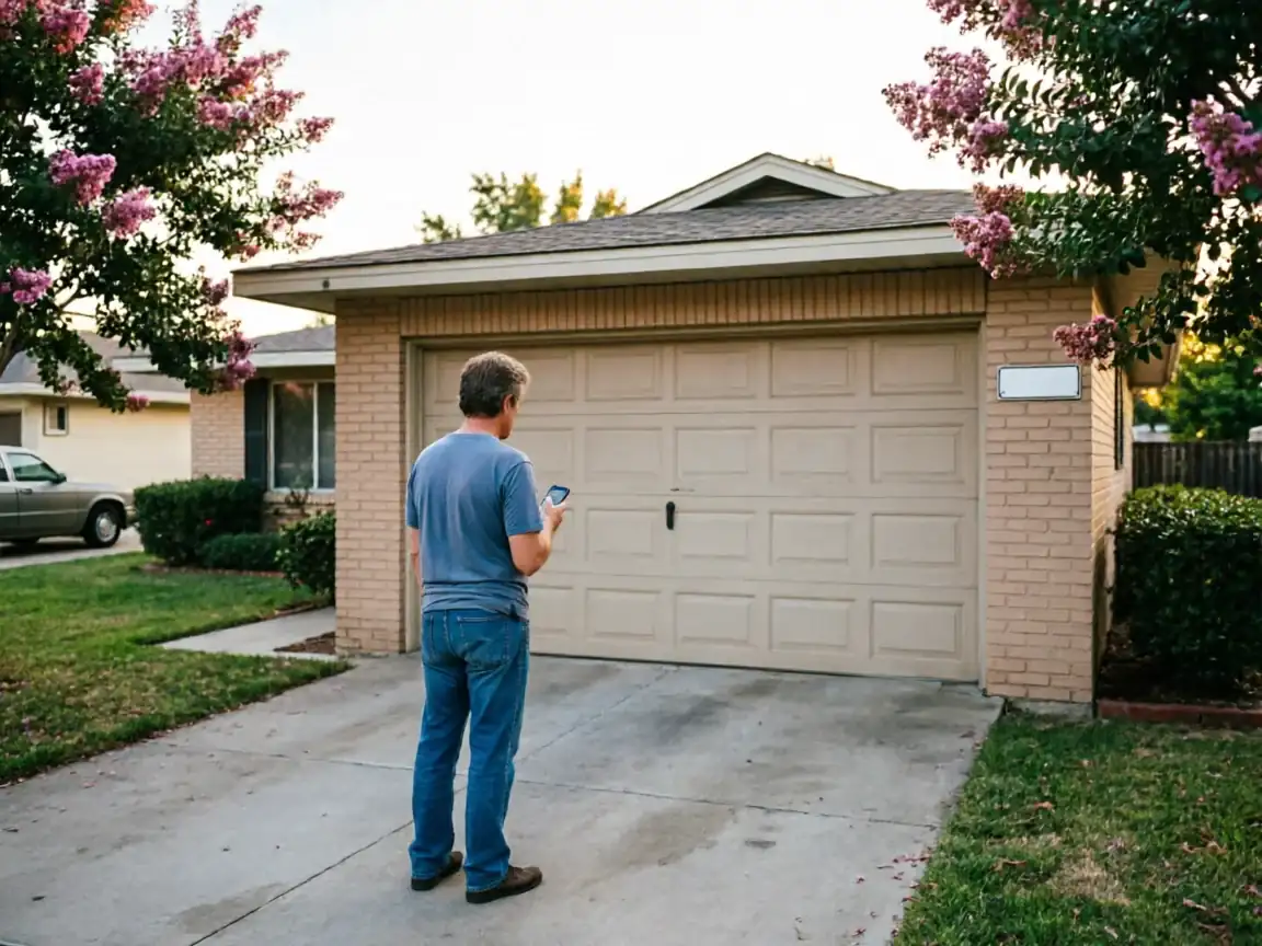 A man stands in a driveway looking at his phone in front of a garage door.