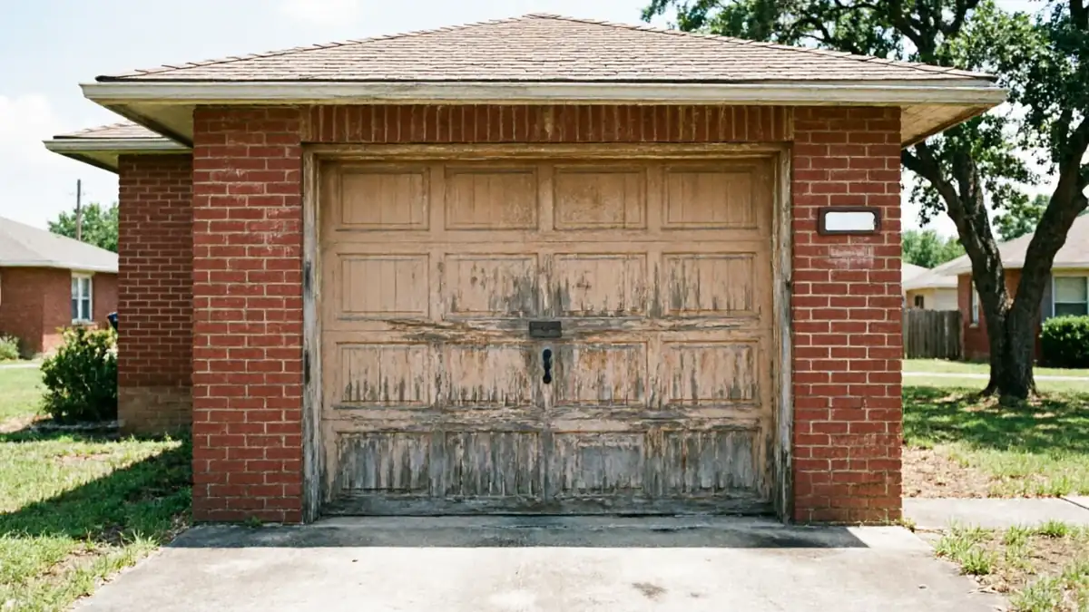 A weathered garage door with peeling paint on a brick garage.