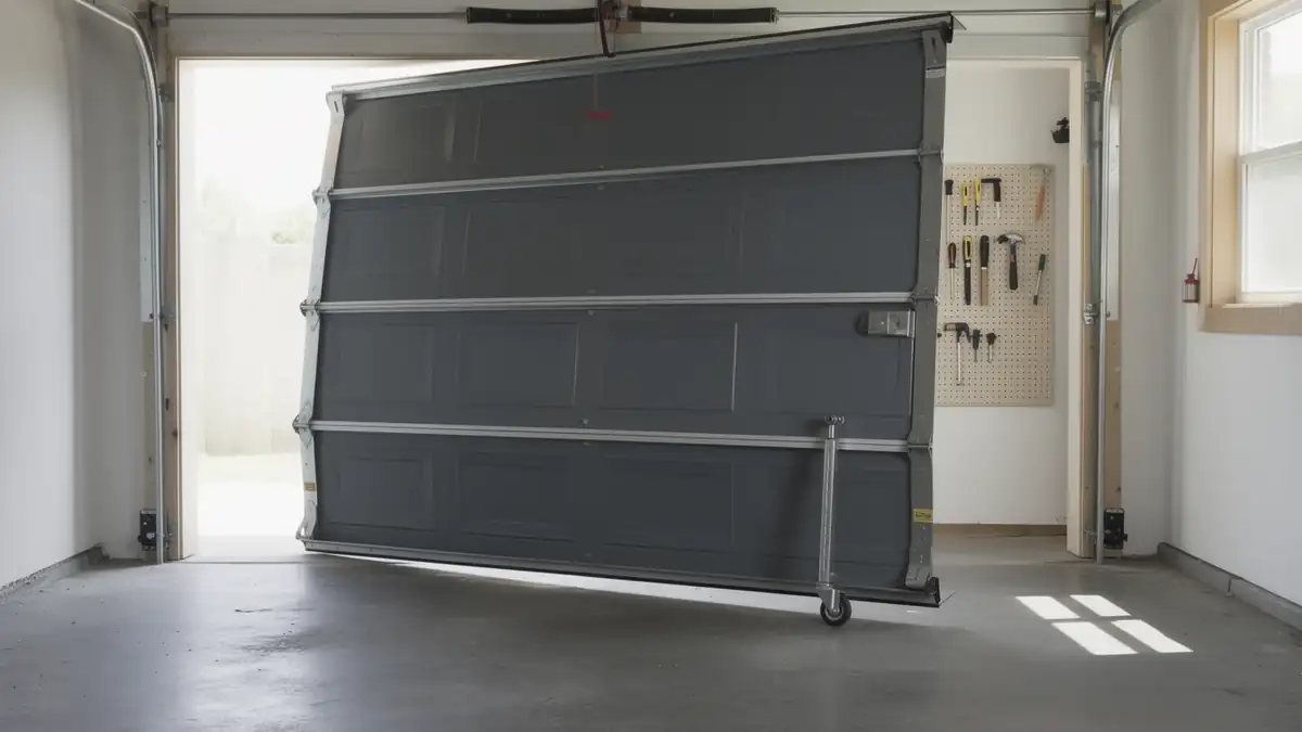 A gray garage door is partially open, with a roller stand supporting its bottom edge.